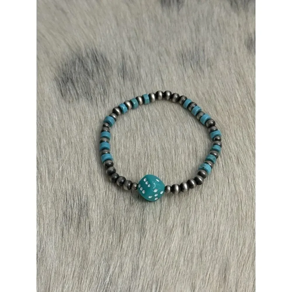 Native American Sterling Silver Navajo Pearl Turquoise Stretch Bracelet Dice